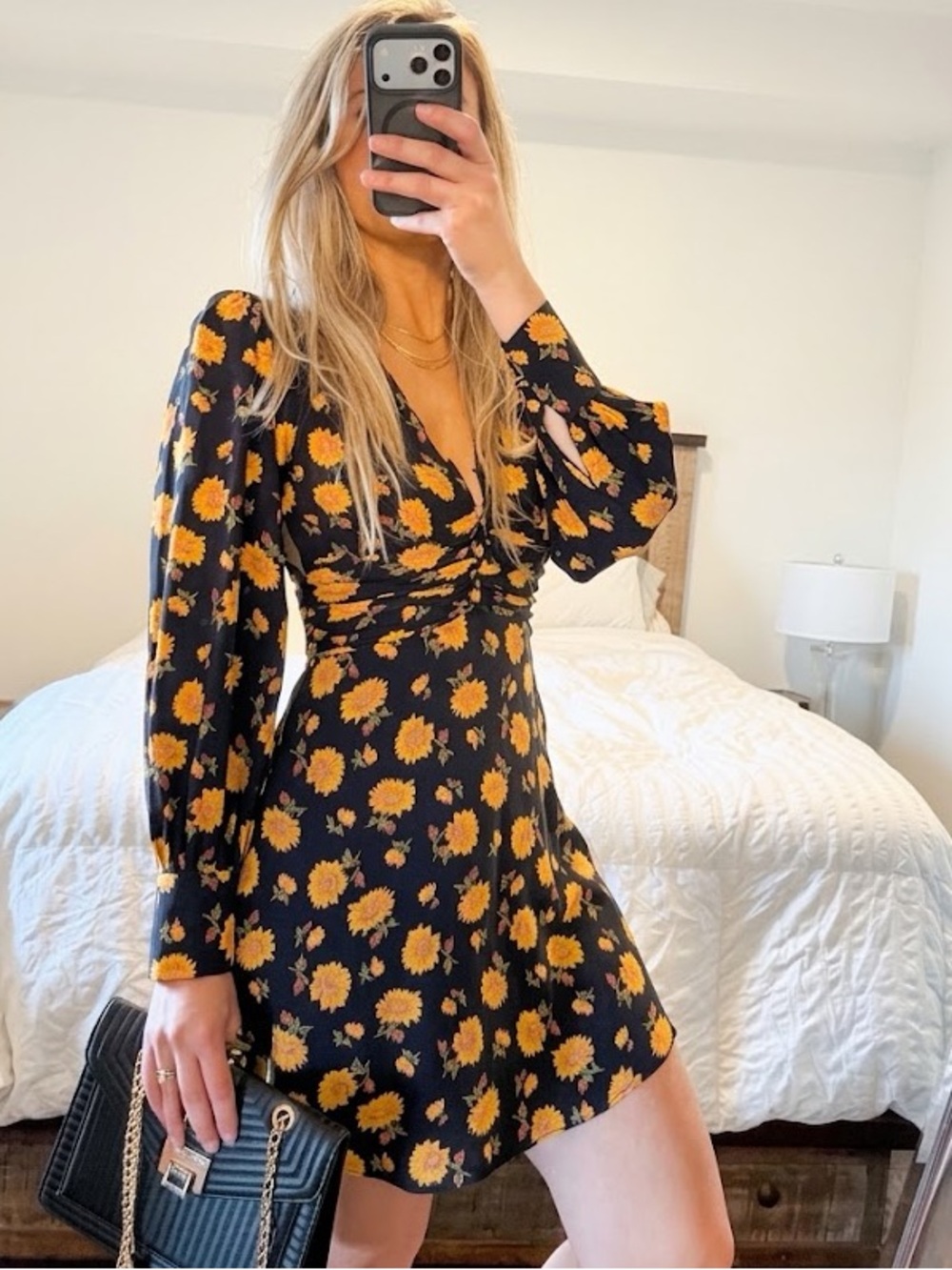 Veronica Beard floral V-Neck Long Sleeve Mini Dress - Black Yellow Sunflower